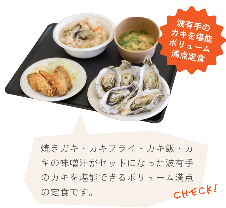 焼きガキ・カキフライ・カキ飯・カキの味噌汁がセットになった波有手のカキを堪能できるボリューム満点の定食です。